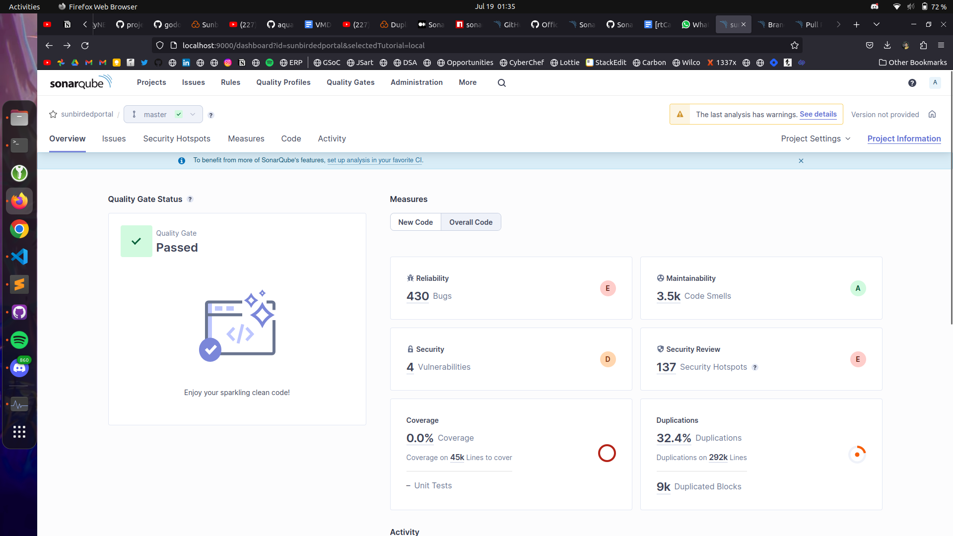 Local setup of SonarQube and analysis results of SunbirdEd-portal repo